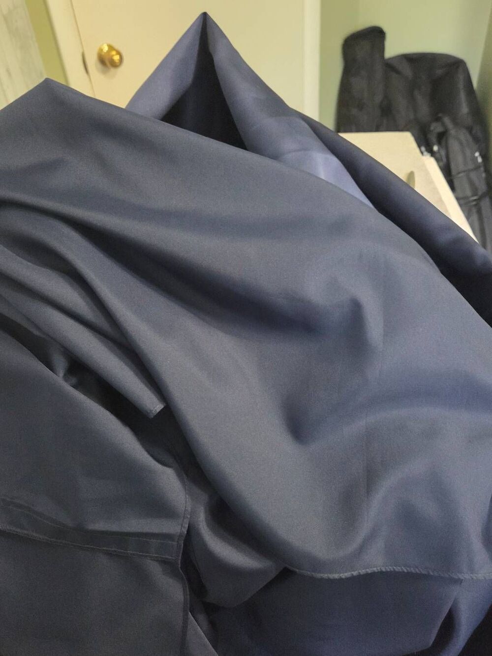 ALFRED SUNG Navy Satin Off-Shoulder Maxi Gown - Picture 8 of 8